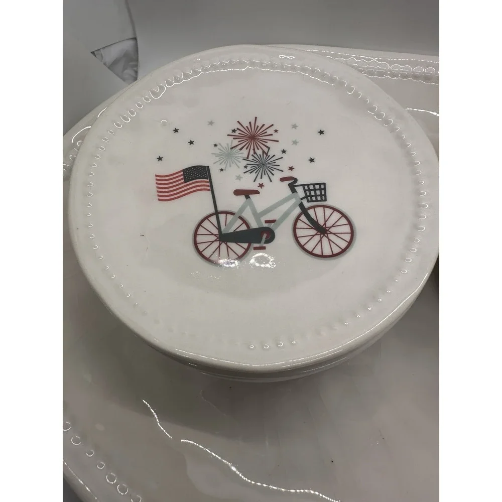 Envogue Home Patriotic Ceramic Bicycle Platter & 8 Appetizer Plates 9 Pc Set USA